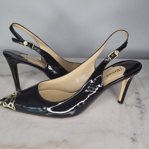 J. Renee Black Patent Slingback Heels with Gold Toe Cap – Size 12 - Picture 3 of 11